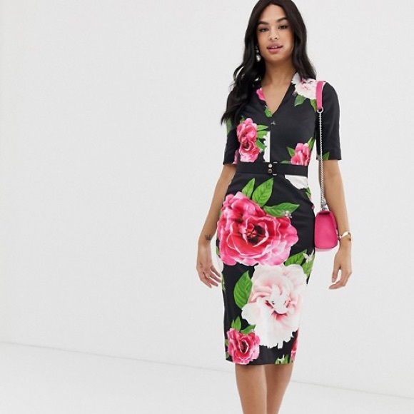 Ted Baker Black Floral Midi Dress - Picture 2 of 10
